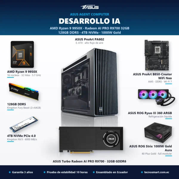 ASUS Agent Computer para Desarrollo IA con AMD Ryzen 9 9950X, ASUS Turbo Radeon AI PRO R9700 32GB GDDR6, 128GB DDR5 y SSD 4TB – Tecnosmart