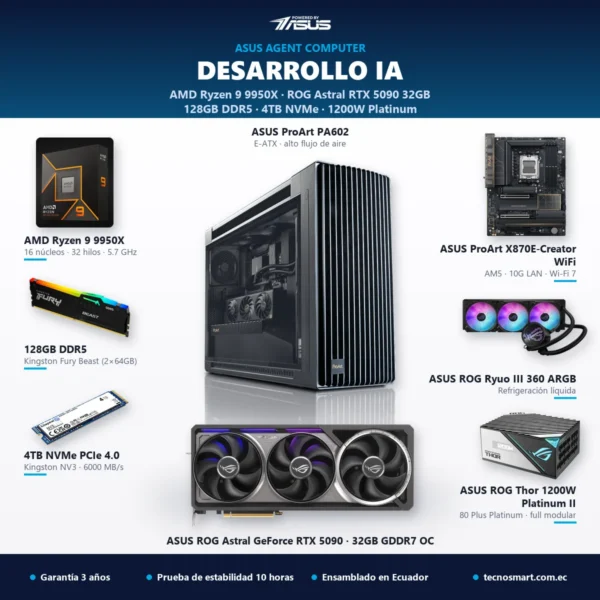 ASUS Agent Computer para Desarrollo IA con AMD Ryzen 9 9950X, ASUS ROG Astral RTX 5090 32GB, 128GB DDR5 y SSD 4TB – Tecnosmart