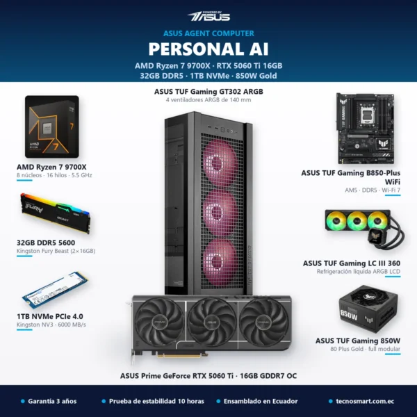 ASUS Agent Computer Personal AI con AMD Ryzen 7 9700X, ASUS Prime GeForce RTX 5060 Ti 16GB GDDR7, 32GB DDR5 y SSD 1TB – Tecnosmart