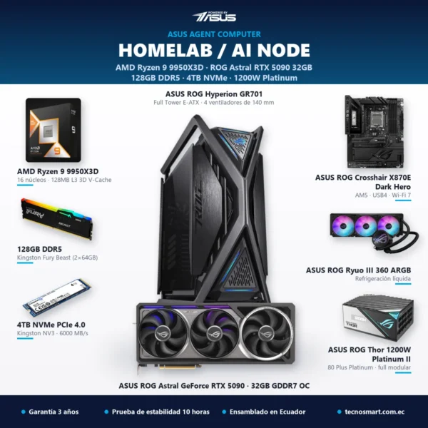 ASUS Agent HomeLab / AI Node con AMD Ryzen 9 9950X3D, ASUS ROG Astral GeForce RTX 5090 32GB GDDR7, 128GB DDR5 y SSD 4TB – Tecnosmart
