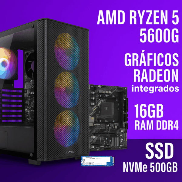 Torre CPU PC AMD Ryzen 5 5600G | 16GB DDR4 | SSD 500GB | Fuente + Case